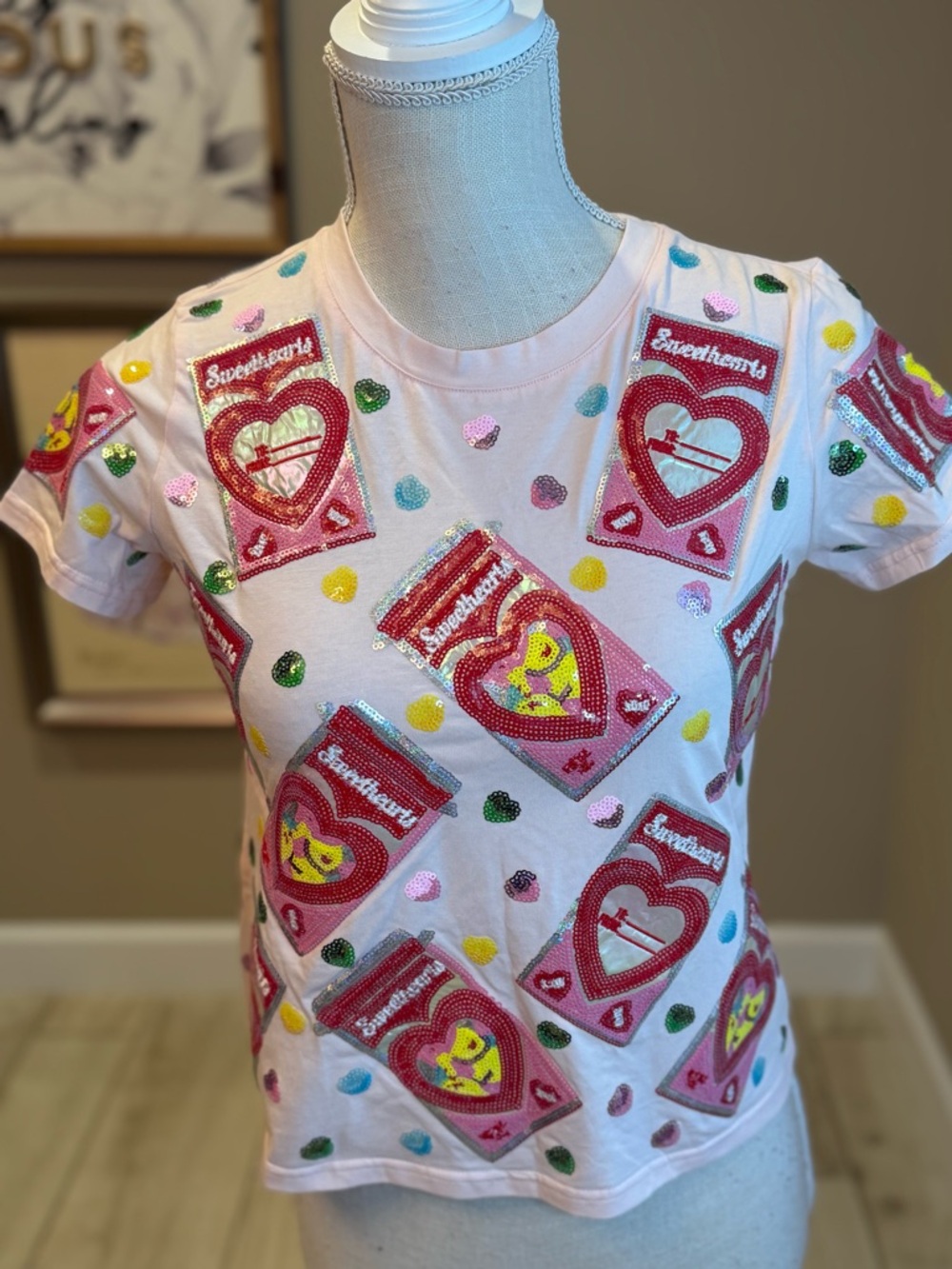 New! QUEEN OF SPARKLES Kids Pink Sequin Sweethearts Candy Packet Tee